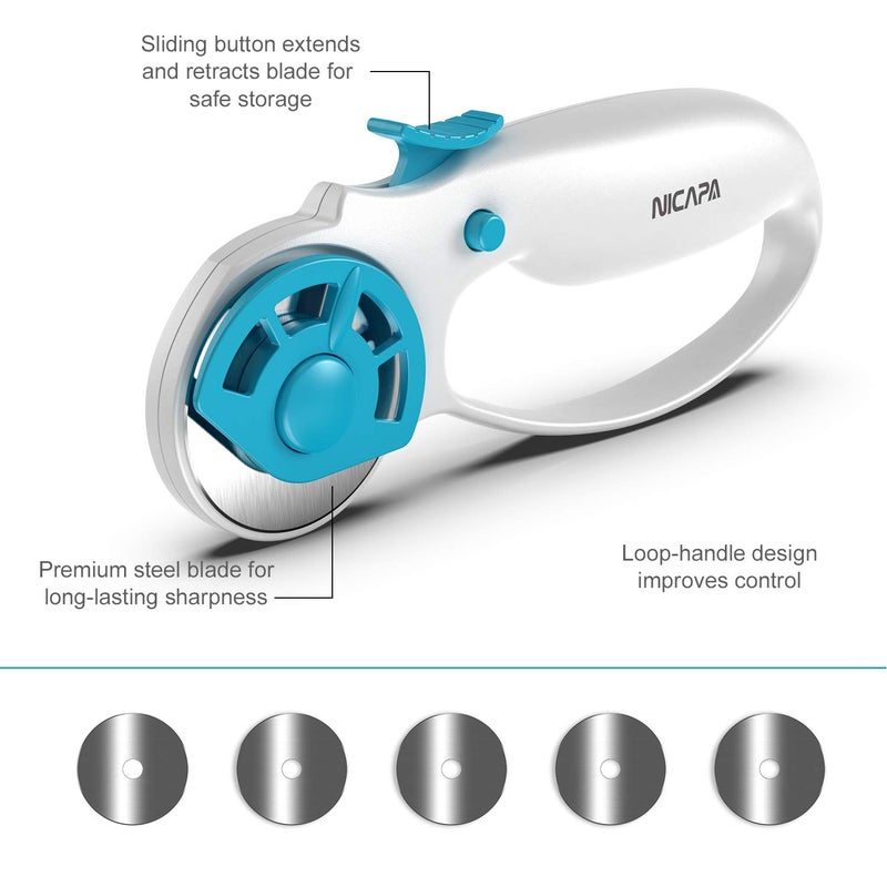 NICAPA 45mm Rotary Cutter for Fabric with Safety Lock Ergonomic Classic Comfort Loop Rotary Cutter for Crafting Sewing Quilting (Extra 5pcs 45mm Replacement Blades Included) - Image 2